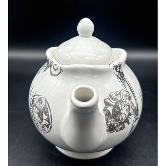 Magenta Exclusives White w/ Black Fork Spoon Knife Graphics Ceramic Teapot 80oz - Picture 3 of 10
